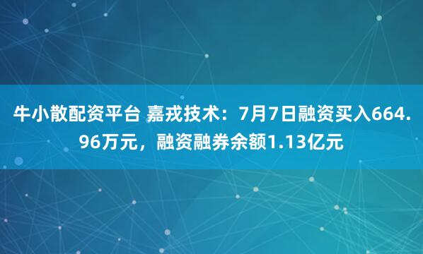 牛小散配资平台 嘉戎技术：7月7日融资买入664.96万元，融资融券余额1.13亿元